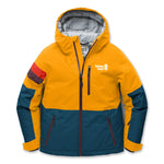 A color-blocked hooded ski jacket from Town Hall, featuring a bright yellow upper body and hood, a dark teal lower body and sleeves, and a red and grape stripe detail on the right sleeve. The jacket has a white 'town hall' logo on the left chest and is shown against a plain white background.