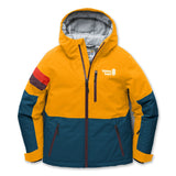 A color-blocked hooded ski jacket from Town Hall, featuring a bright yellow upper body and hood, a dark teal lower body and sleeves, and a red and grape stripe detail on the right sleeve. The jacket has a white 'town hall' logo on the left chest and is shown against a plain white background.