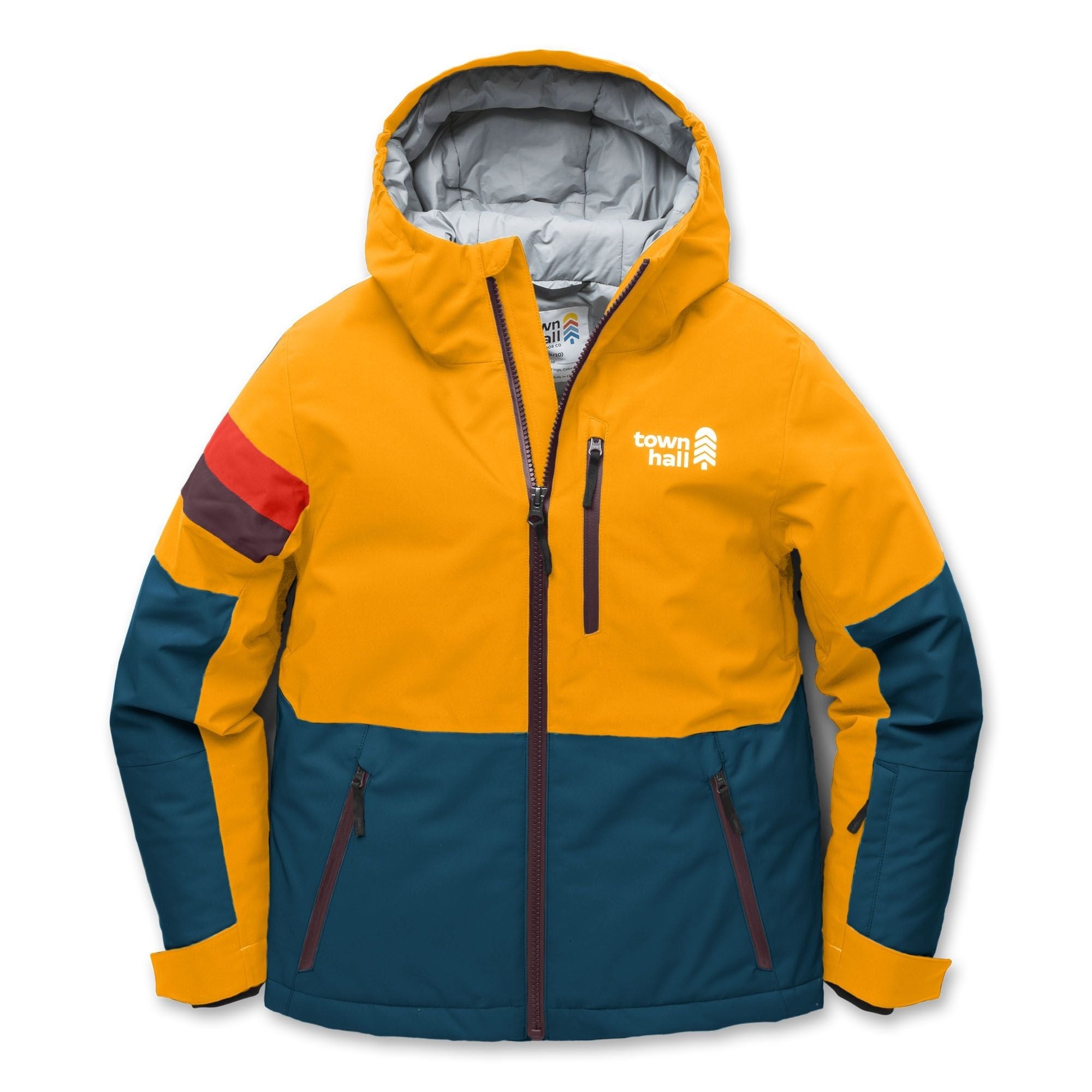 A color-blocked hooded ski jacket from Town Hall, featuring a bright yellow upper body and hood, a dark teal lower body and sleeves, and a red and grape stripe detail on the right sleeve. The jacket has a white 'town hall' logo on the left chest and is shown against a plain white background.