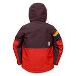 A hooded jacket shown from the back, featuring a dark plum upper body and sleeves, a bright red lower body panel, and a small multicolor stripe detail on the right sleeve.