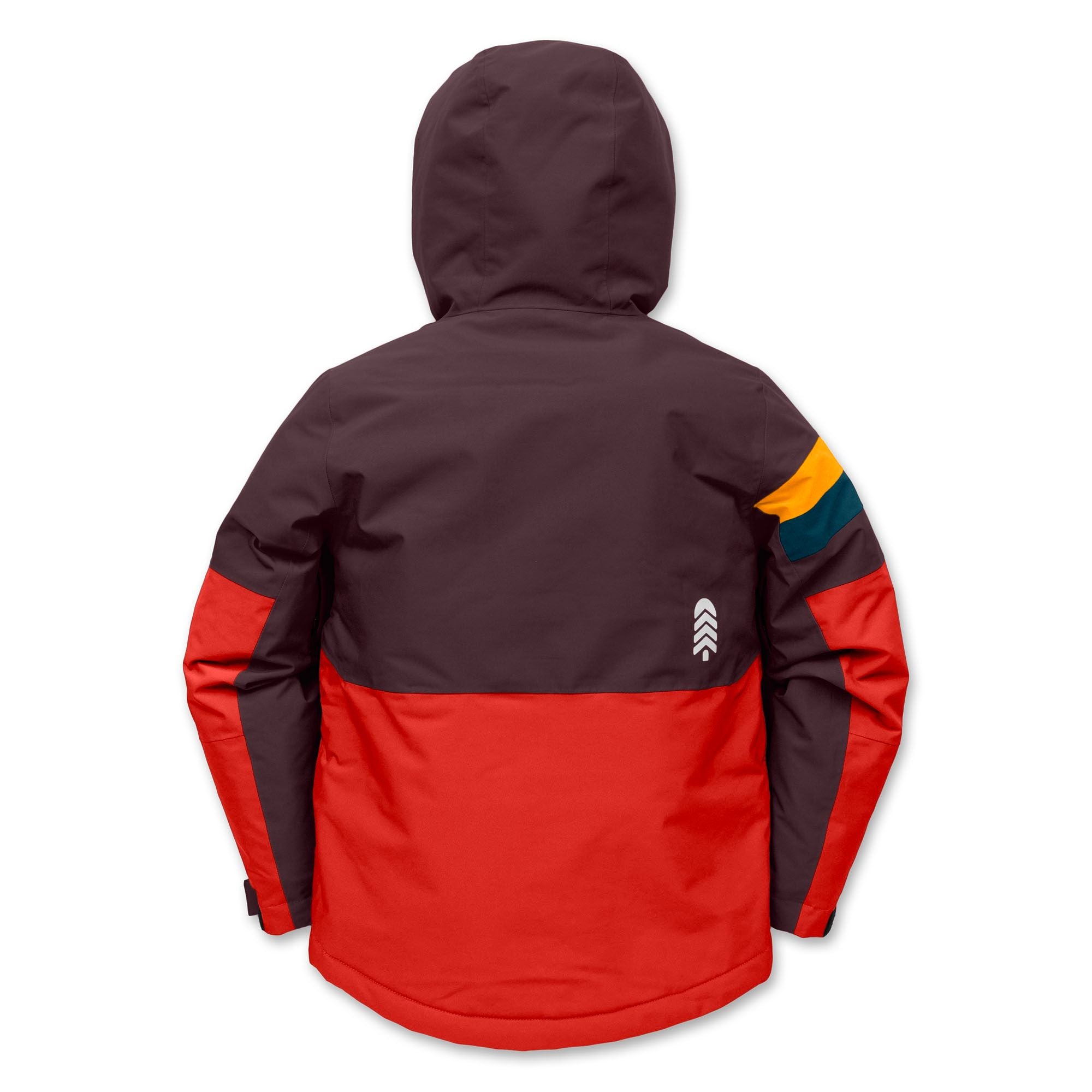 A hooded jacket shown from the back, featuring a dark plum upper body and sleeves, a bright red lower body panel, and a small multicolor stripe detail on the right sleeve.