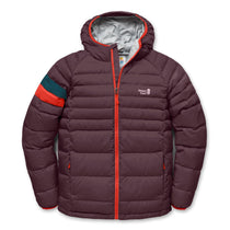 A hooded puffer jacket in a deep plum-brown color, featuring a bright orange zipper, orange lining, a green and orange stripe on the right sleeve, and a white 'Klim' logo on the left chest.