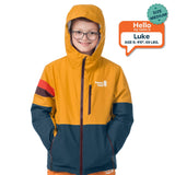 A color-blocked hooded ski jacket from Town Hall, featuring a bright yellow upper body and hood, a dark teal lower body and sleeves, and a red and grape stripe detail on the right sleeve. The jacket has a white 'town hall' logo on the left chest and is shown against a plain white background. Luke is modeling the Medium jacket.