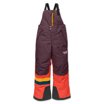 A pair of children's snow bib pants in dark plum purple, featuring a bright orange-red lower leg section, and reflective yellow, orange, and teal stripes near the ankle. The brand 'The North Face' logo is visible on the left thigh.