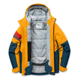 A hooded colorblock jacket from Town Hall, featuring a bright yellow upper body and hood, dark teal sleeves and lower body panels, and a red stripe detail on the right sleeve, shown against a plain white background.