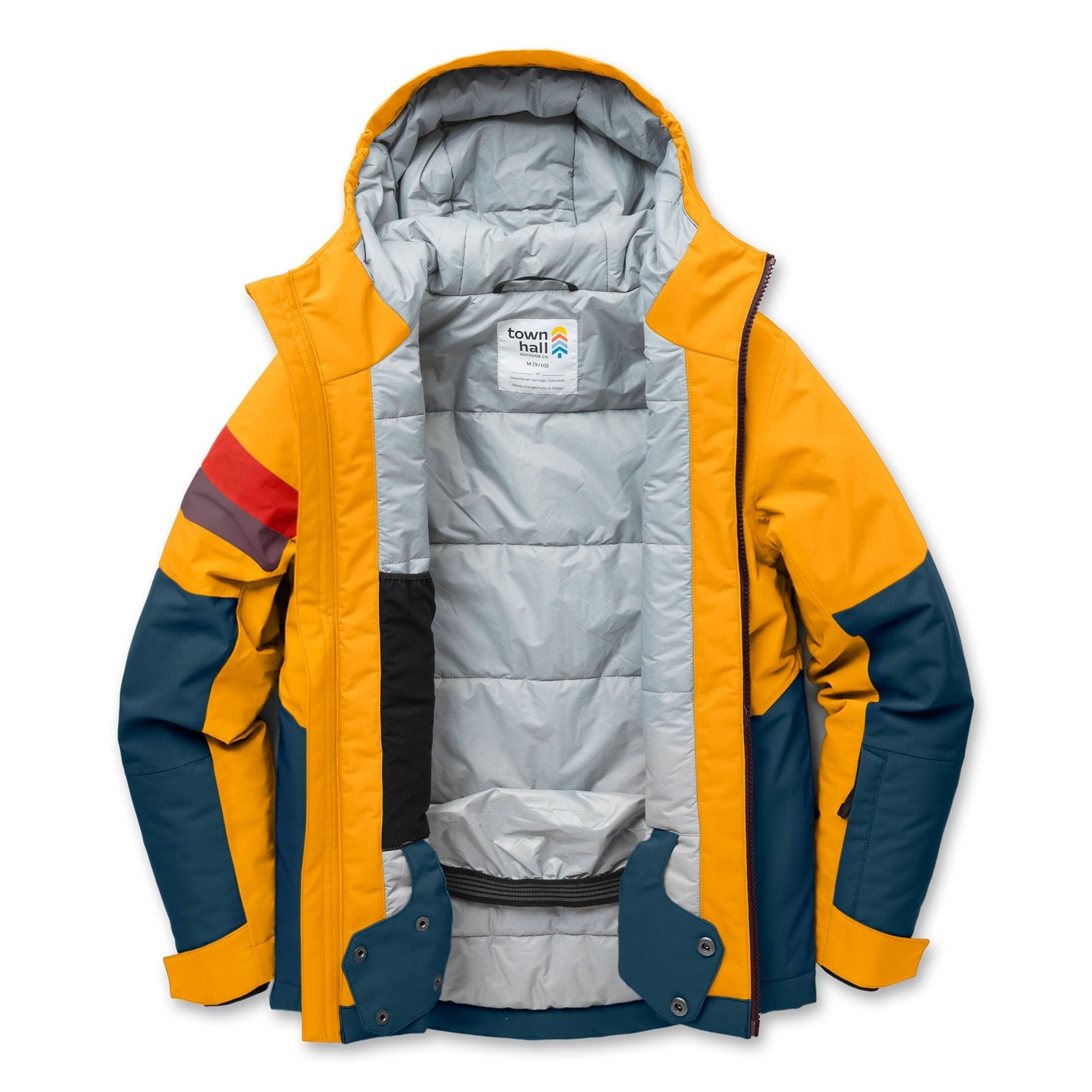A hooded colorblock jacket from Town Hall, featuring a bright yellow upper body and hood, dark teal sleeves and lower body panels, and a red stripe detail on the right sleeve, shown against a plain white background.