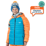 Child wearing an orange and blue jacket with a name tag introducing Clayton.