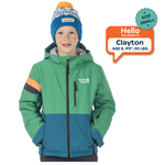 Child wearing a green and blue jacket with a speech bubble introducing Clayton, his name, age, height, and weight.