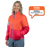 Woman wearing a colorful jacket with a speech bubble introducing herself as Kelley.