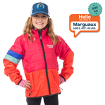 Child wearing a red and orange jacket with a blue cap, standing against a white background.