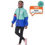 Child wearing a two-tone jacket with a 'Hello my name is Sam' label on a white background