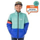 Child wearing a teal and blue jacket with a speech bubble displaying personal information.