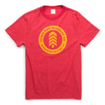 own Hall Adult Steamboat Badge Tee in Ruby featuring the Steamboat Springs badge design, made with sustainable materials for everyday mountain town style.