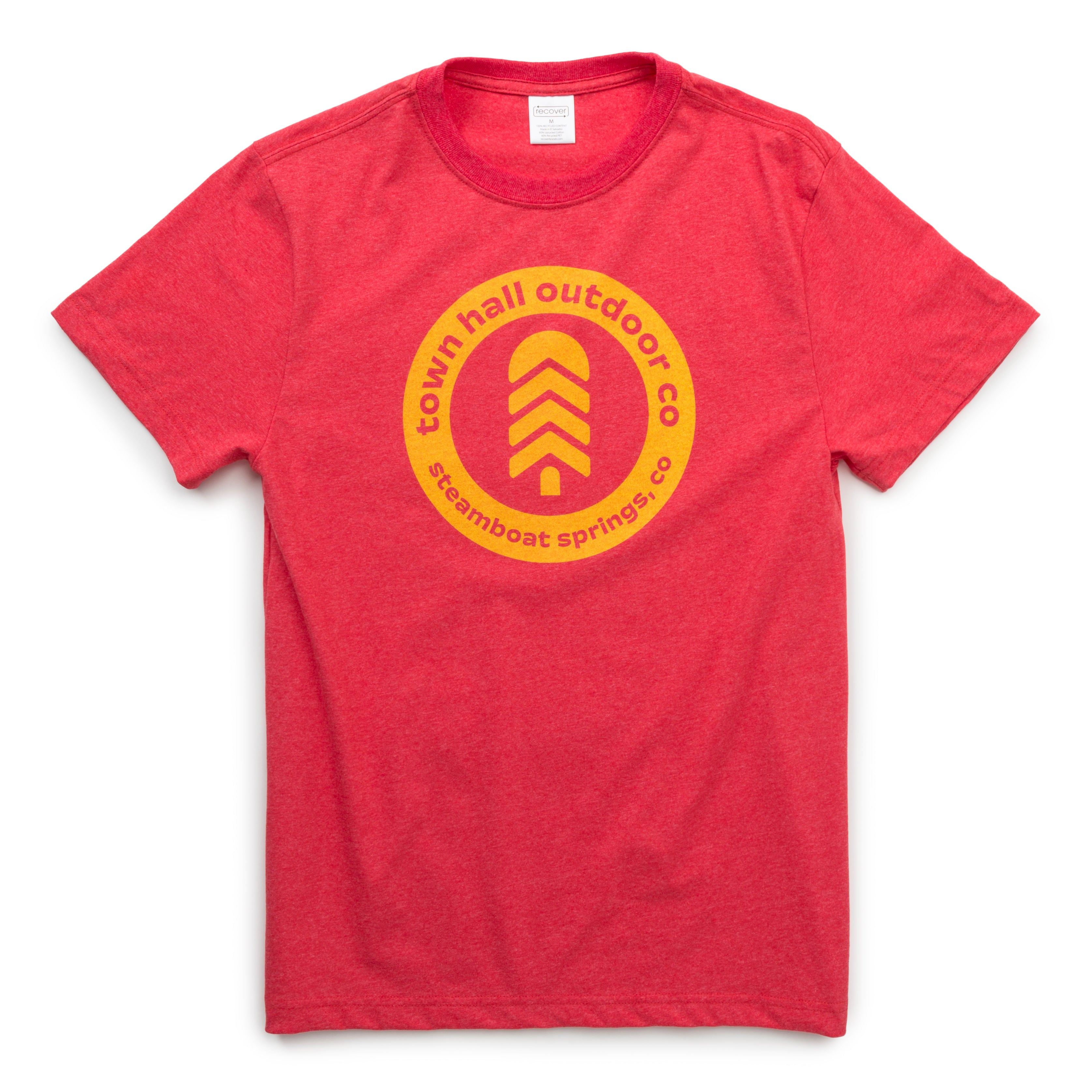 own Hall Adult Steamboat Badge Tee in Ruby featuring the Steamboat Springs badge design, made with sustainable materials for everyday mountain town style.