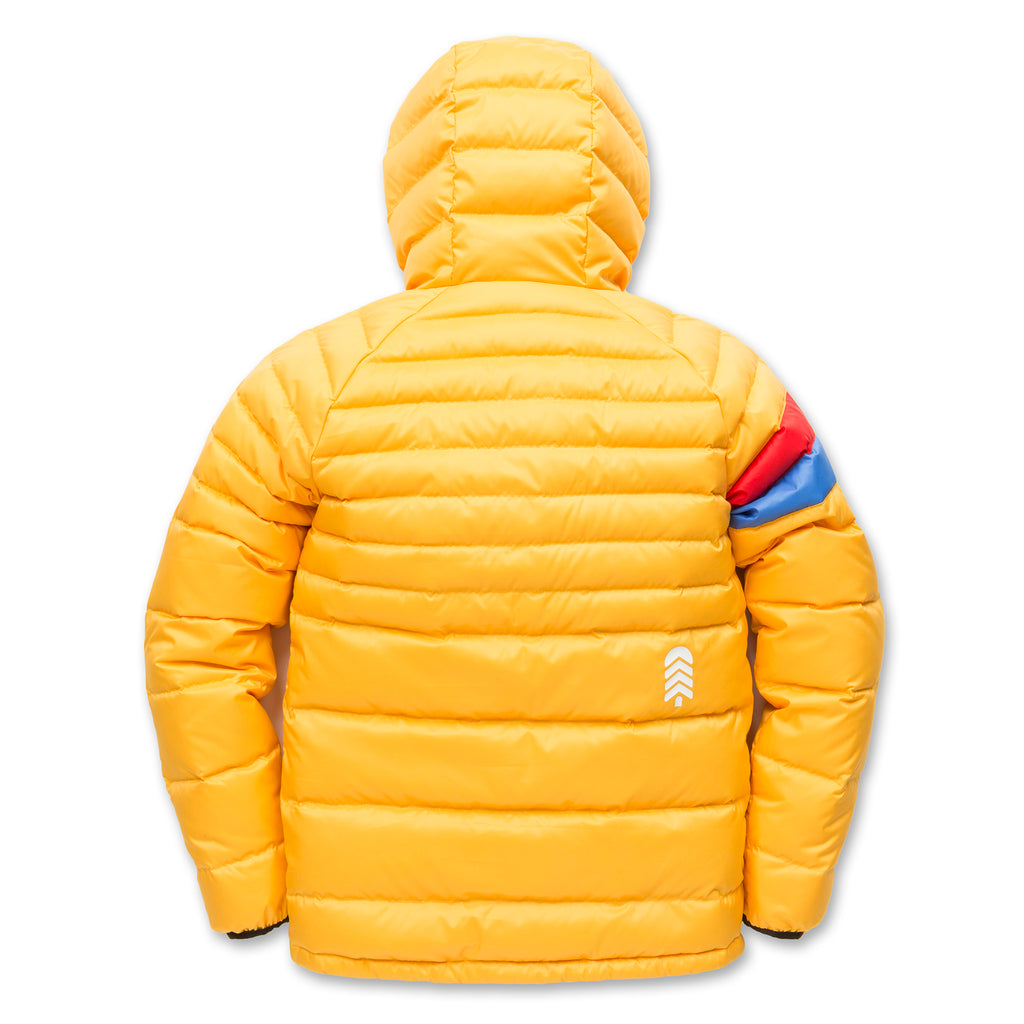 Back view of the Adult Down Town Puffy jacket in warm Artisan's Gold color by Town Hall, showcasing the durable construction and outdoor-ready design.
