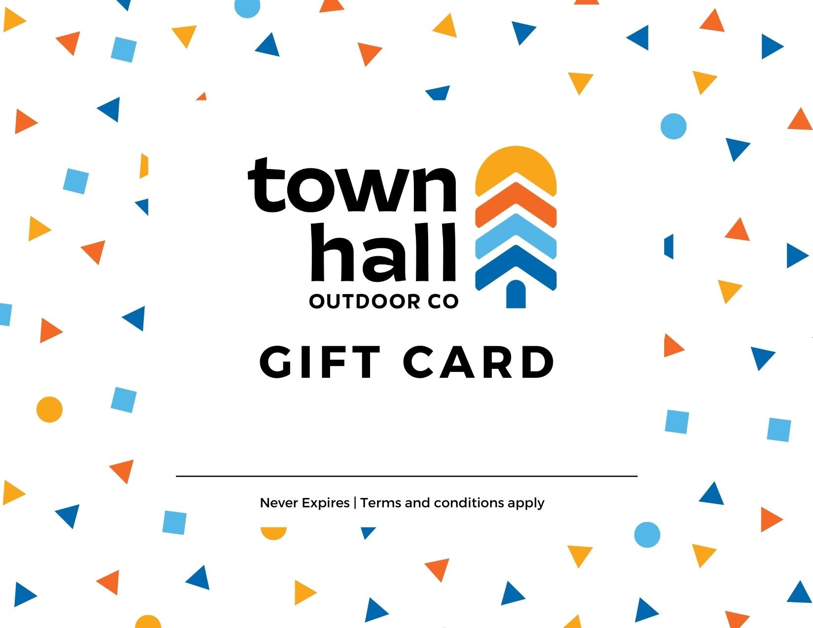 Colorful Town Hall Gift Card featuring our playful outdoor-inspired logo design, perfect for giving the gift of adventure to your favorite outdoor enthusiast.