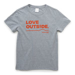 Our sustainable Heather Gray Kids Love Outside Tee with Town Hall logo, perfect for all outdoor adventures.