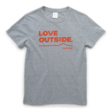 Our sustainable Heather Gray Kids Love Outside Tee with Town Hall logo, perfect for all outdoor adventures.