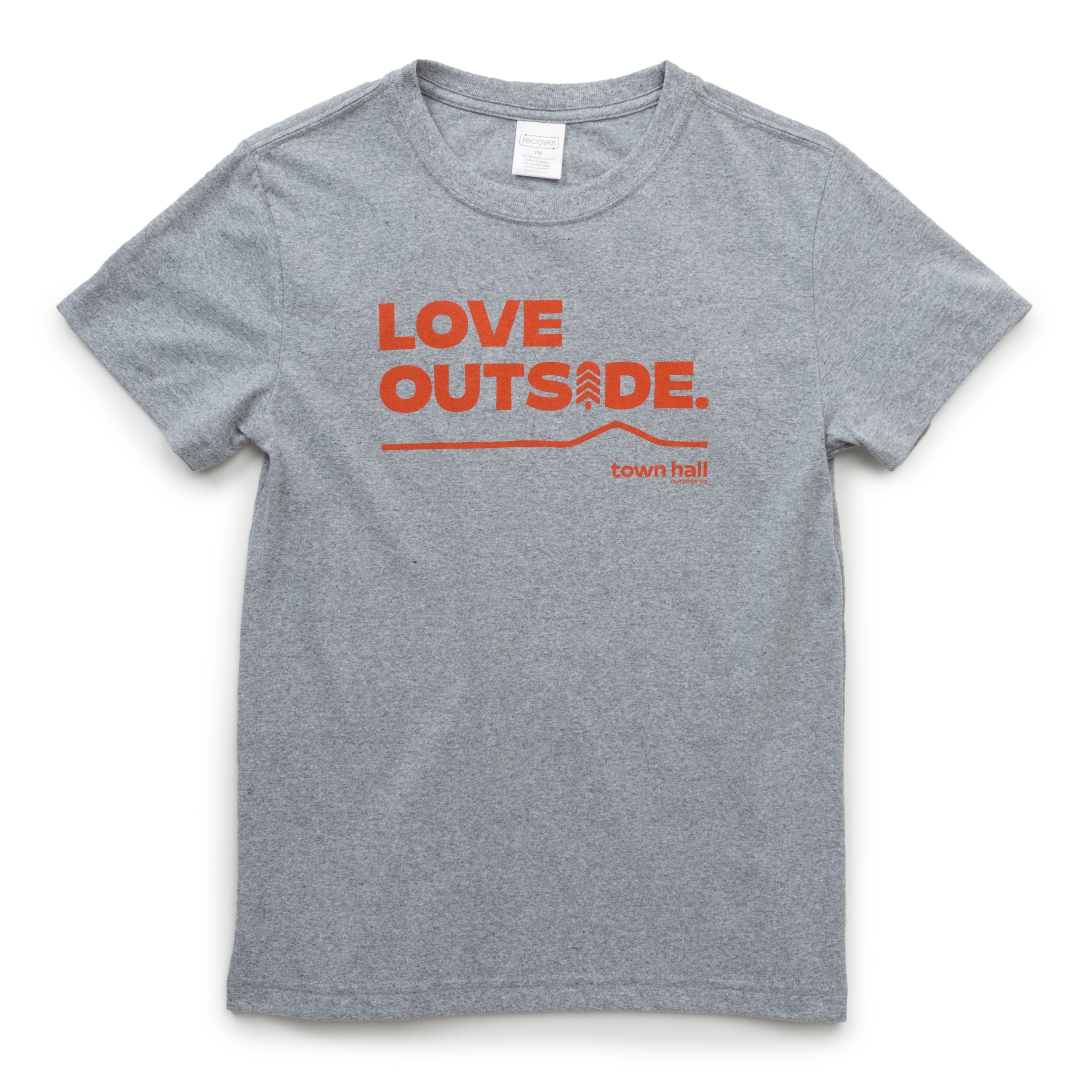 Our sustainable Heather Gray Kids Love Outside Tee with Town Hall logo, perfect for all outdoor adventures.