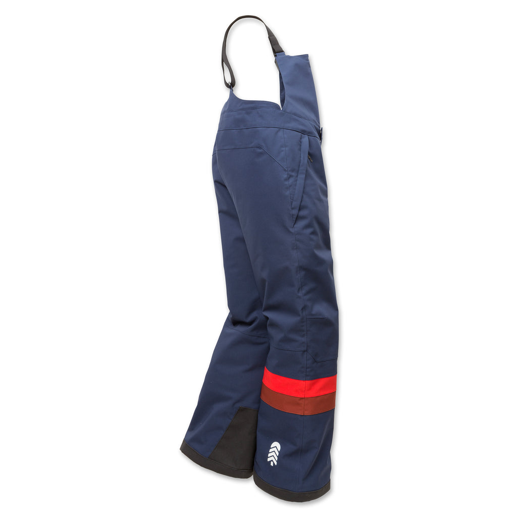 Side view of Town Hall's Black Iris Winter Bib displaying reinforced knees and rugged kick patches that stand up to ski edges and active play.