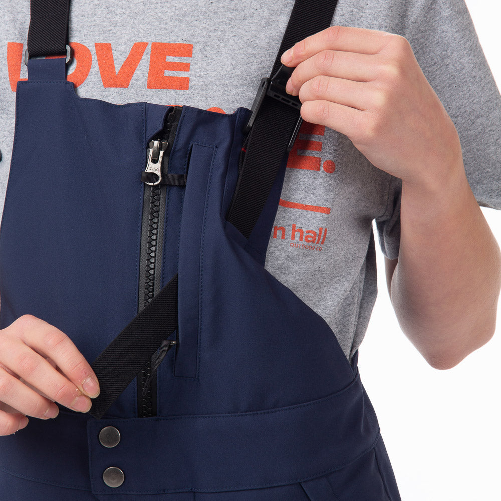 Close-up of shoulder strap adjustments on Town Hall's Black Iris Winter Bib, showing the easy-to-use system designed specifically for little hands.