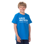 Young boy geared up for fun in our bright Blue Kids Love Outside Tee featuring the Town Hall logo and Love Outside message.