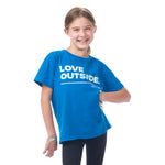 Young girl ready to explore in our bright Blue Kids Love Outside Tee with the Town Hall logo, built for active kids.
