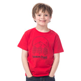 Young boy wearing our red Kids Town Slope Tee with Town Hall logo, ready for mountain adventures and après ski hangouts.