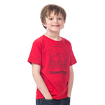 Boy modeling the red Kids Town Slope Tee featuring the Town Hall logo, perfect for ski days and outdoor playtime.