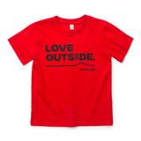 Adventure-ready Red Kids Love Outside Tee with Town Hall logo and Love Outside message for tree climbing and creek splashing.