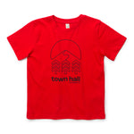 Red Kids Town Slope Tee with Town Hall logo, crafted from ultra-soft organic materials for little outdoor enthusiasts.