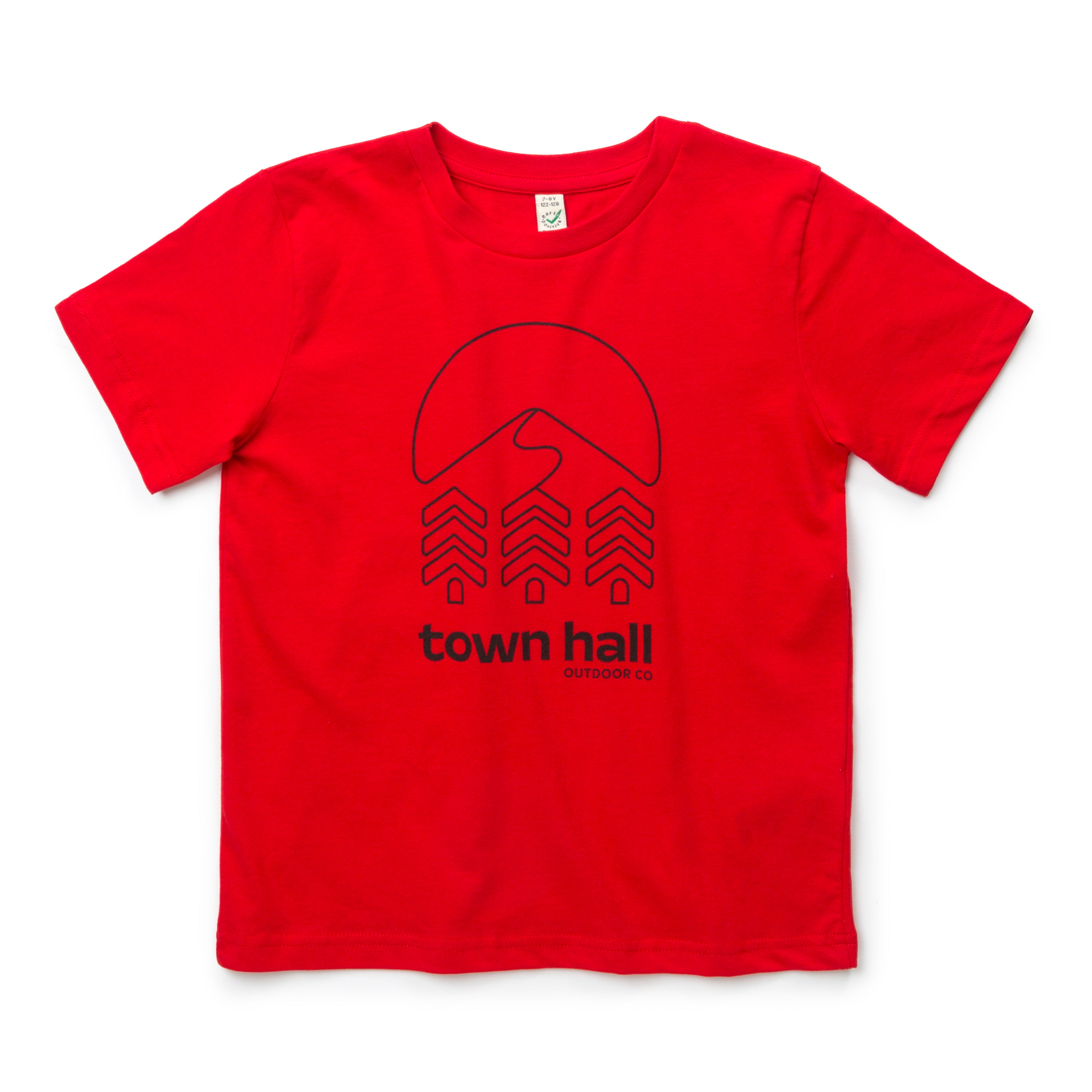 Red Kids Town Slope Tee with Town Hall logo, crafted from ultra-soft organic materials for little outdoor enthusiasts.