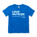 Comfy bright Blue Kids Love Outside Tee with Town Hall logo, made for kids who love exploring outdoors.