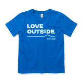 Comfy bright Blue Kids Love Outside Tee with Town Hall logo, made for kids who love exploring outdoors.
