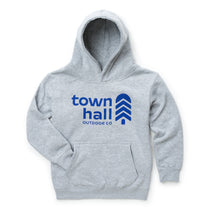 A child wearing a gray hoodie with 'town hall outdoors co' text in blue.