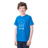 Bright Blue Kids Town Slope Tee on a young boy, featuring Town Hall logo - perfect for slope-to-playground adventures.