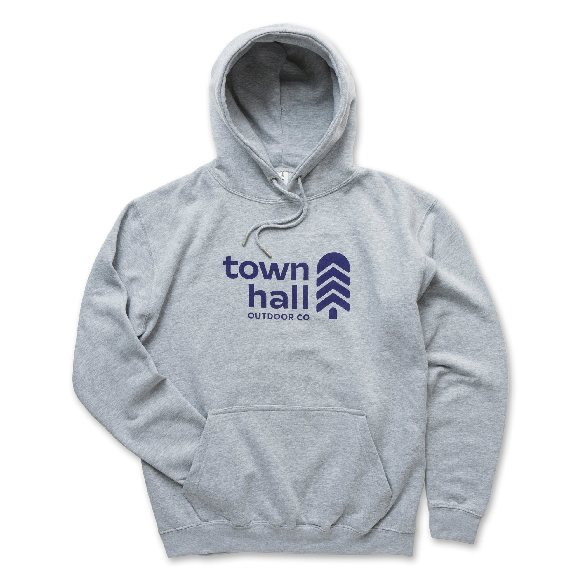 Heather Gray Town Hall Logo Hoodie Sweatshirt displayed flat, showing the sustainably crafted front design, drawcord hood and pouch pocket for everyday outdoor adventures.